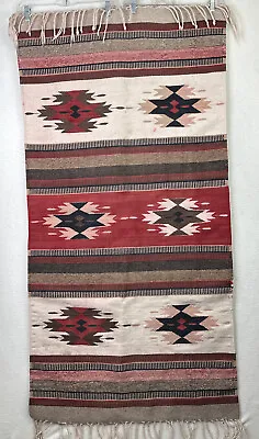 Vintage Zapotec Mexico Handwoven Wool Rug Tapestry Diamond Design 58”x29” • $15