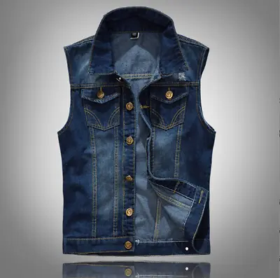 Mens Retro Denim Waistcoats Jeans Slim Fit Jacket Sleeveless Cowboy Biker Vest • £16.79