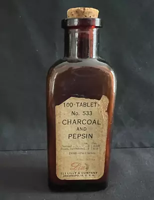 Vintage Eli Lilly Charcoal And Pepsin Medicine Bottle With Cork. Stomach Remedy. • $15