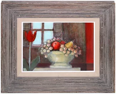 $325 • Buy Mixed Media Painting Tulip Flower FRUIT STILL LIFE Rustic Custom Frame