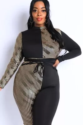 Plus Size Black Metallic LS Jumpsuit Half Gold Silver Waist Tie Romper 1X 2X 3X • $39.99