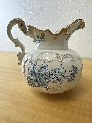 W H Grindley Co Antique Pitcher Blue On White  1880 To 1914 • $50