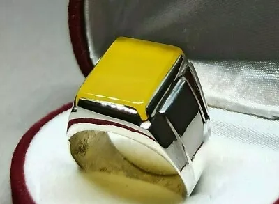 Natural Yemeni Yellow Agate Sterling Silver 925 Handmade Zard Aqeeq Mens Ring • $115.63