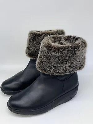 MBT Belle Black Leather Mid Faux Fur Trim Cuff Rocker Chelsea Boots Size 5.5 • $89.99