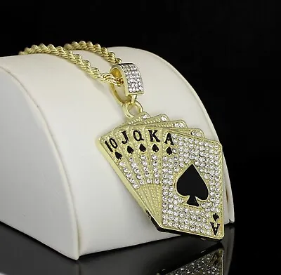 Mens Iced Cz Poker Cards Pendant 14k Gold Or Silver Plated 24  Necklace Hip Hop • $8.99