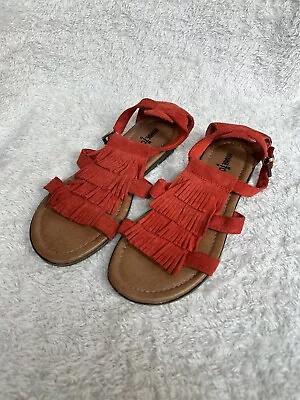 Minnetonka Orange Suede Leather Womens Size 7 Fringe Sandals Shoes Flats 71302 • $15