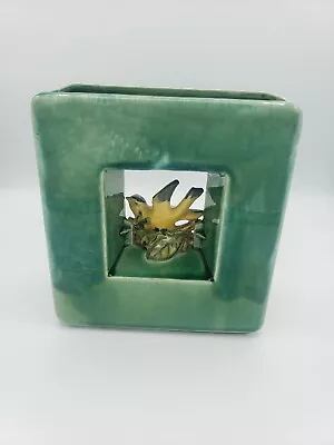 McCoy Vintage  Arcature Pattern Nesting Bird Square Vase Planter Green Glaze • $48