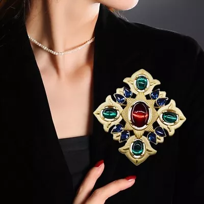 Cross Brooch Matte Gold Tone Red Green Style Cabochon Pin Accessories • $5.97