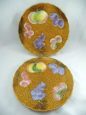 (2) French Majolica SALINS LES BAINS 10-1/4  Fruit Dinner Plates Platters France • $40