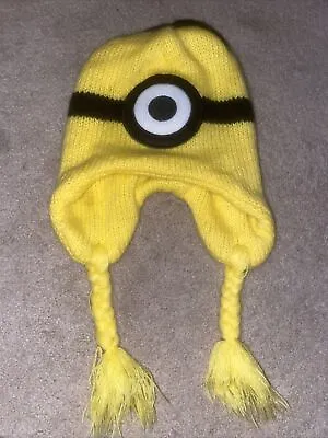 DESPICABLE ME Minion BEANIE Hat Yellow Logo Ear Flaps Winter Knit Youth Tassels • $6.17