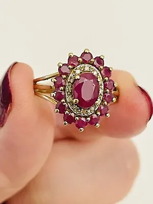 9ct Gold Ring Ruby & Diamond 4.82 G Cluster Size M • £240