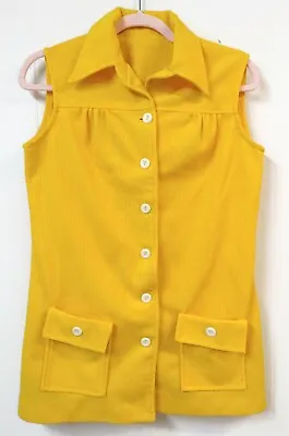 Vintage Handmade WM M/L Sunshine Yellow Smock Top Sleeveless Pockets Polyester • $21.24