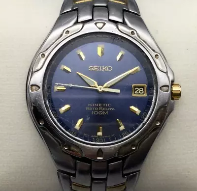 Seiko Kinetic Watch Men 40mm Silver Gold Two Tone Date Blue Dial Automatic 7.75  • $67.49