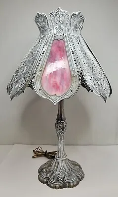 Vtg Loevsky L&L WMC Pink Slag Stained Glass Cast Victorian Table Lamp Whitewash • $211.95
