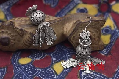 Personality Retro Pure Handmade Filigree Miao Silver Fish Fringe Lantern Earring • $32