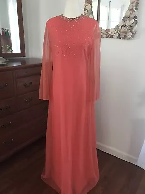 STUNNING Vtg 1960's NAT KAPLAN Coral Rhinestone Chiffon Evening Dress! M • $125