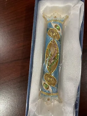 Judaica Mezuzah Case Blue W/gold And Jeweled Accents New In Box Ornate • $18