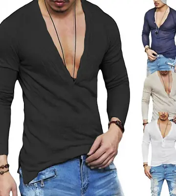 Casual Sexy Men Slim Fit Shirts Deep V-Neck Long Sleeve T-Shirt Tee Blouse Top • $18.19