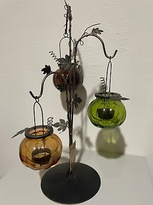 Pier 1 Imports- 3 Colored Pumpkin Glass Tealight Holder W/ Metal Stand 20” NEW • $25