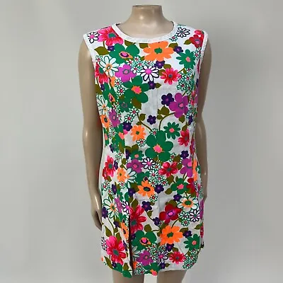 Vintage 60's 70's Flutterbye Dress Mini Hawaiian Barkcloth Cotton Slit A4-8 • $47.99