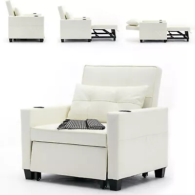 White Leather Convertible Chair 3-in-1 Pull Out Sleeper Chair Beds W/USB Ports • $369