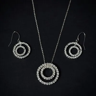 Vintage Sterling Silver & CZ Double Circles Necklace & Earrings Set • $39