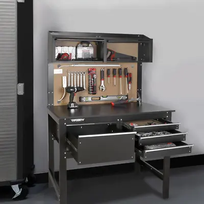 GARAGE WORKBENCH CABINET COMBO 4-Ft With Light And Tool Pegboard Steel Wood • $251.95