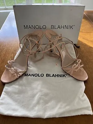 MANOLO BLAHNIK Peach Leather Vine Leaf Ankle Wrap High Heel Strappy Sandals 39.5 • $215