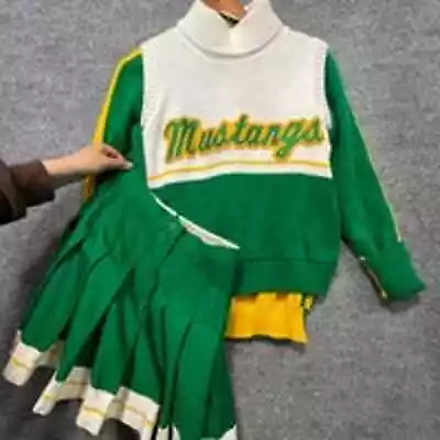 Vintage Cheerleader Uniform Mustang Green Yellow Size 38 Top Size 9 Skirt • $50