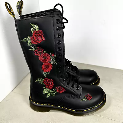 Dr. Martens Size 6 Women's 14-Eye Vonda Rose Floral Tall Boots Black Brand New • £123.30