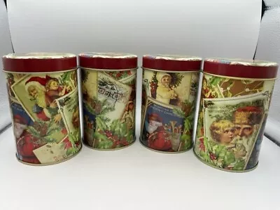 Set Of 4 Metal Tin Christmas Tea Tins Gift Holders Vintage Looking 7  H X 3  W • $9.99