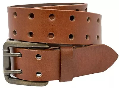 Full Grain SOLID Buffalo Leather 2-Hole Double Prong Buckle Jeans Belt - Tan • $26.95