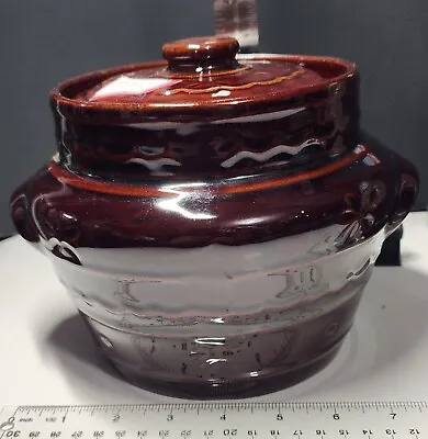 Vintage MARCREST Stoneware BEAN POT 2 Qt. Crock W/Lid DAISY DOT Ovenproof Brown • $24.99