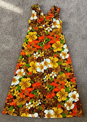 VTG Hukilau Fashions Hawaiian/Aloha Floral Brown/Orange Barkcloth Dress Sz 16 • $45.99