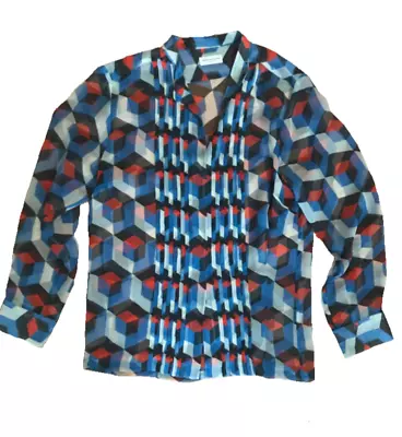 Dries Van Noten Silk Blouse Blue Geometric Disco 40 S-M EUC • $89