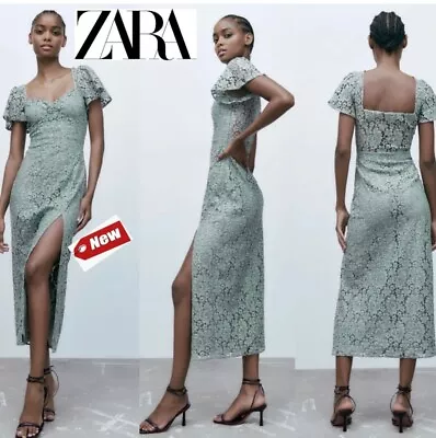 Zara Womens Dress Floral Lace Short Puff Sleeve Pencil Front Slit Midi Green XS • $90