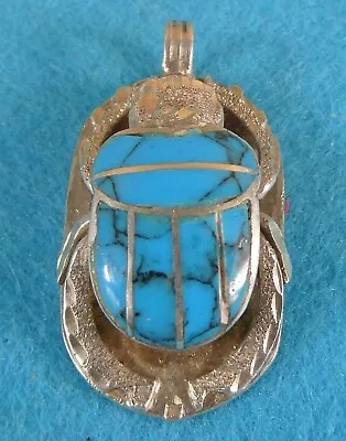 Egyptian Sterling Silver Pendant Scarab Beetle Turquoise Hieroglyphics C 1980 • £30