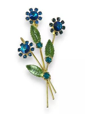 Vintage Blue Flower Bouquet Enamel Rhinestone Brooch Pin Gold Tone 1950s • $37.99