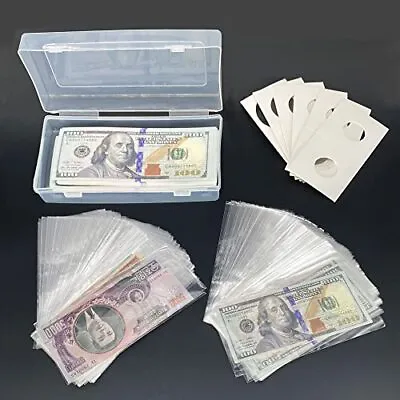 200 Pcs Clear Plastic Paper Money Sleeves Holder With Storage BoxBill Protector • $15.16
