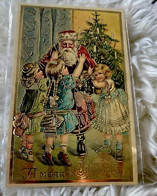 VINTAGE CHRISTMAS POSTCARD SANTA CLAUS Children Gold Trim Reproduced 1980 • $29.99