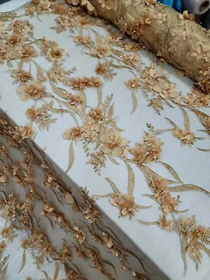 Gold Lace 3d Floral Flowers Embroidered Mesh Fabric By The Yard  For Dress Prom  • $39.99