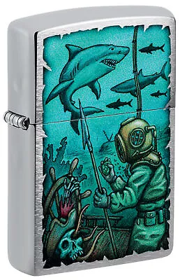 Zippo Shark Nautical Design Brushed Chrome Windproof Lighter 48561 • $26.95