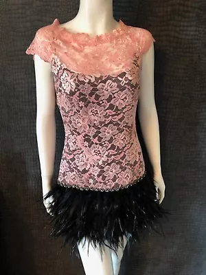 Worn Once - Mc Berry Pink Feather & Lace Dress - Uk 8 - Black & Pink Designer • £49.99