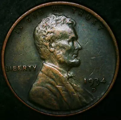 1934 D Lincoln Wheat Cent / Penny - Toned / Toner / Toning - Free Shipping! • $9.99