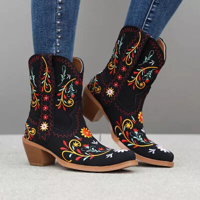 Women Mid Calf Pointed Toe Embroidery Pull On Shoes Western Cowgirl Cowboy Boots • $126.66