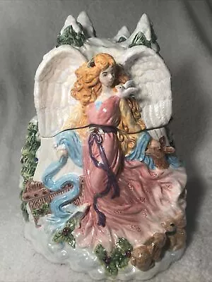 Ceramic Angel With Doves/Deer & Snow Covered Christmas Trees Cookie Jar In EUC • $14.99