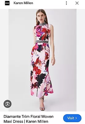 Karen Millen Diamante Trim Long Floral Dress 12 • £50