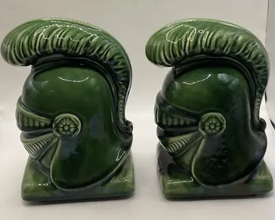 Vintage HTF Ceramic Green Glazed Roman Helmet Set Of Bookends 7”x4.5”x4” • $55