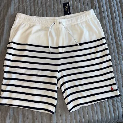 Polo Ralph Lauren Cotton Blue/White Mens Striped Terry Drawstring Shorts Size XL • $49.99