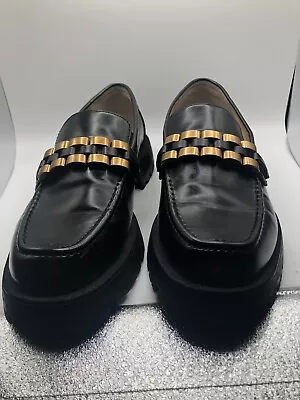 ZARA EMBELLISHED LUG SOLE VEGAN LEATHER LOAFERS - Black - Size 8.5 Eur 39 • $40